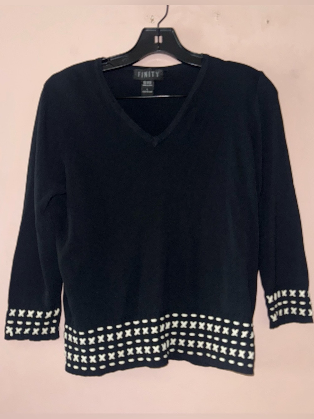 Vintage Finity X / Whipstitch Knit Embroidered V Neck Sweater Top Size L